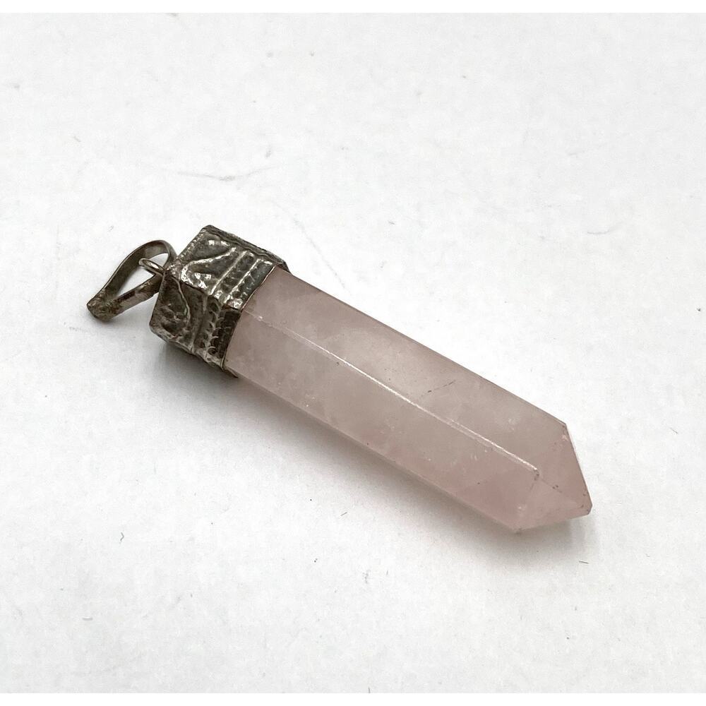 Pendant Rose Quartz Pencil Silver Tone Metal Bail